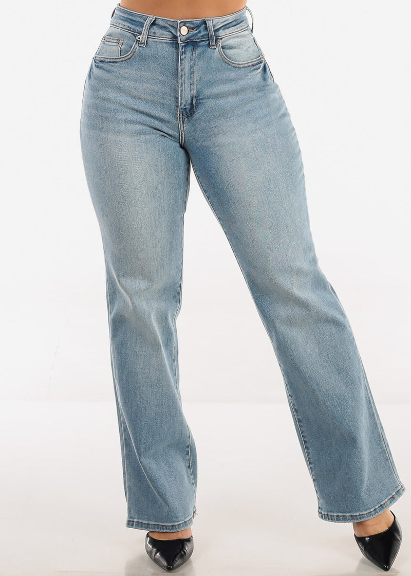 High Waisted Straight Wide Leg Stretch Jeans Light Blue