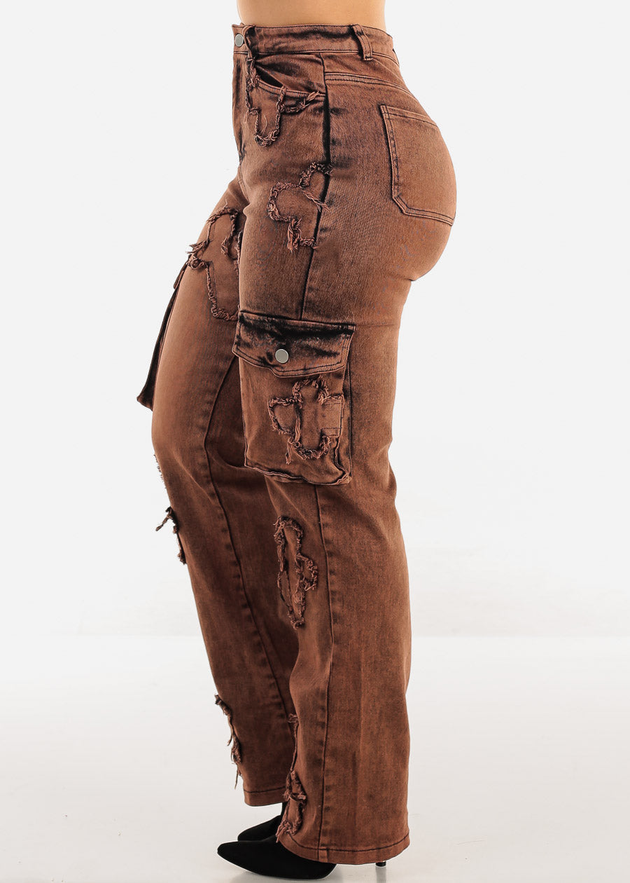 High Waist Straight Wide Leg Cargo Jeans Brown w Cross Patch