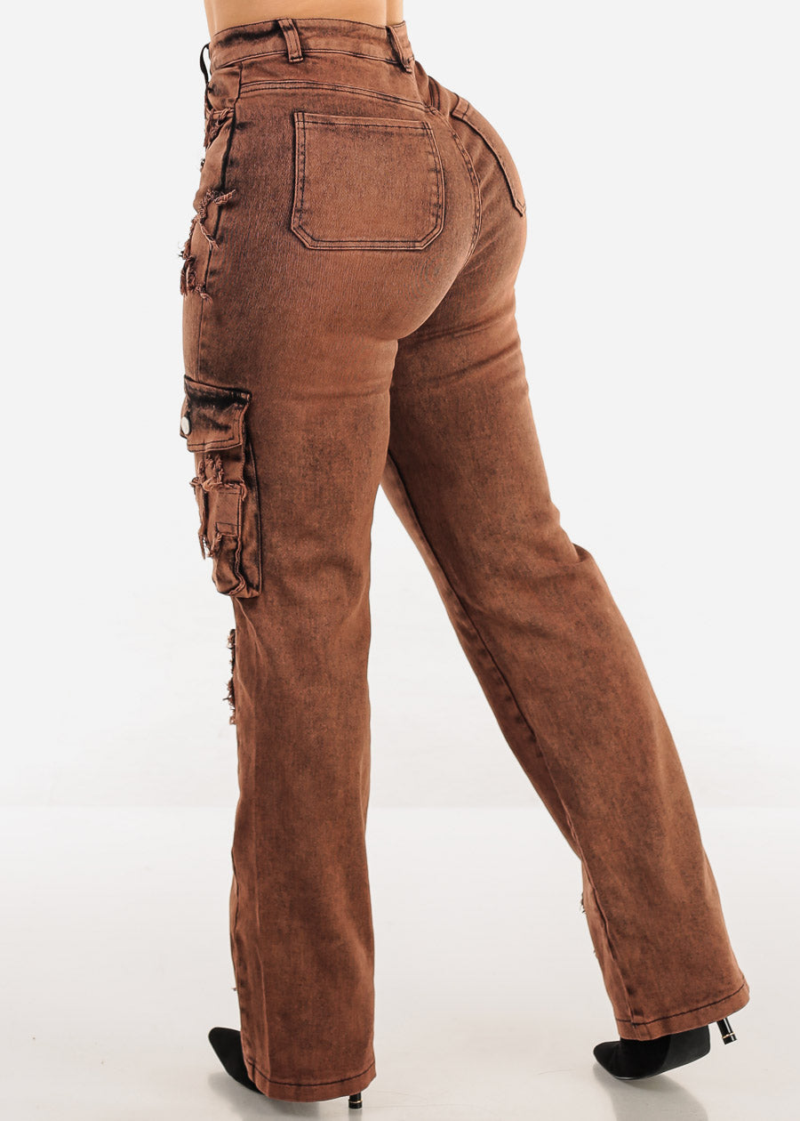 High Waist Straight Wide Leg Cargo Jeans Brown w Cross Patch