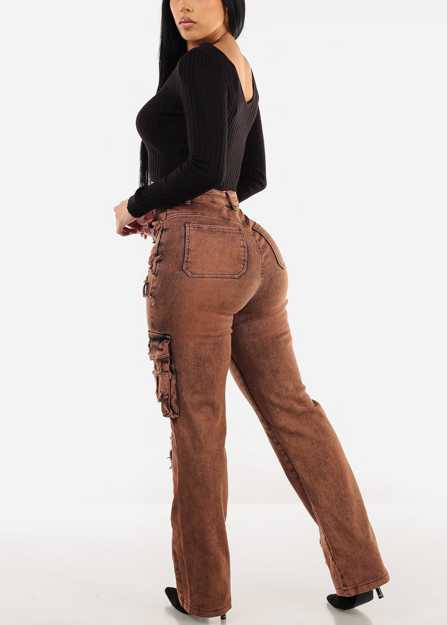 High Waist Straight Wide Leg Cargo Jeans Brown w Cross Patch