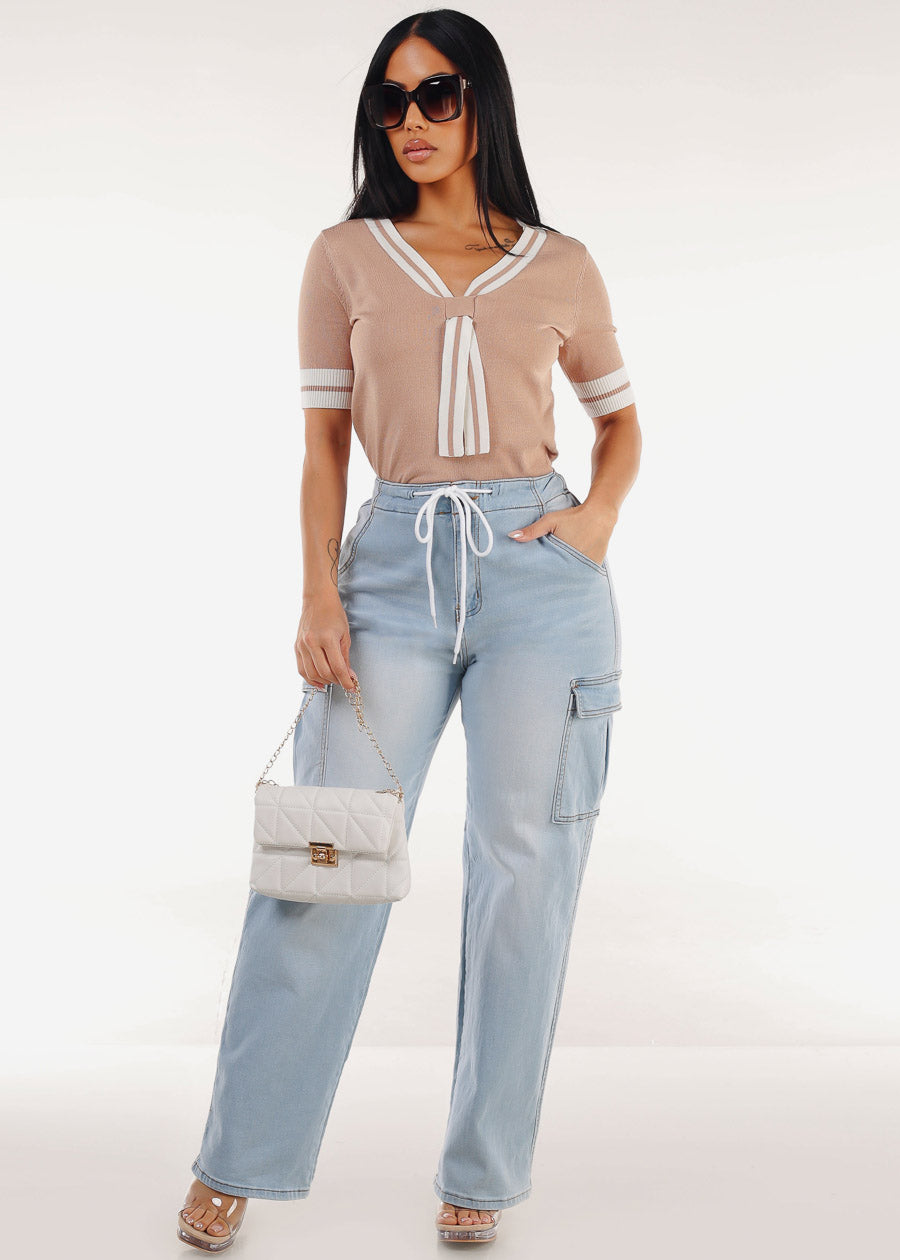 Super High Waist Stretch Wide Leg Cargo Jeans Light Wash