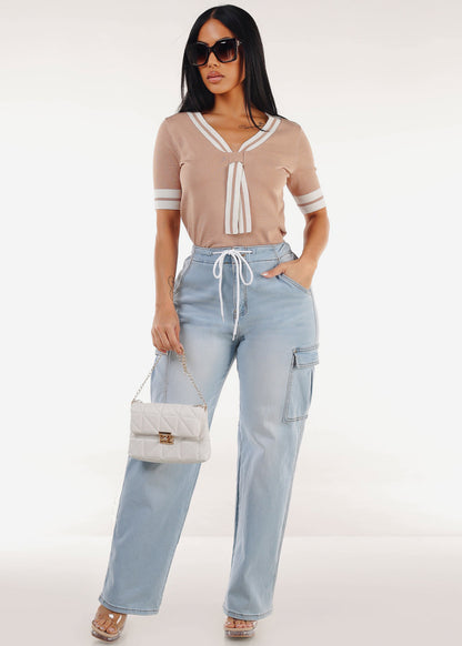 Super High Waist Stretch Wide Leg Cargo Jeans Light Wash