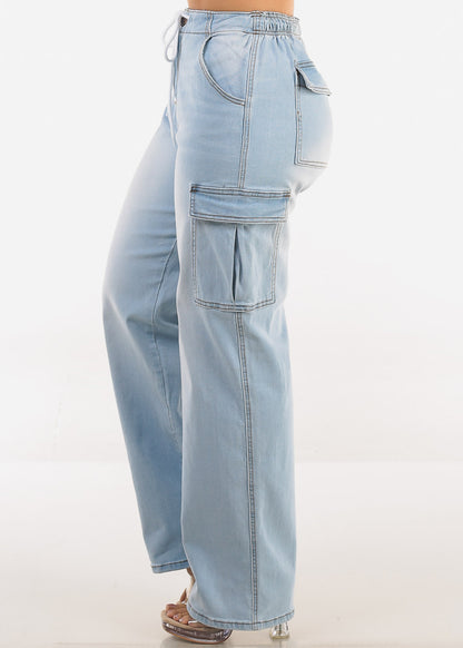 Super High Waist Stretch Wide Leg Cargo Jeans Light Wash