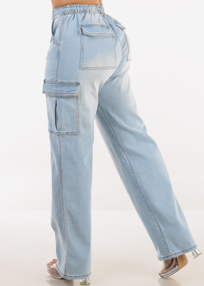 Super High Waist Stretch Wide Leg Cargo Jeans Light Wash