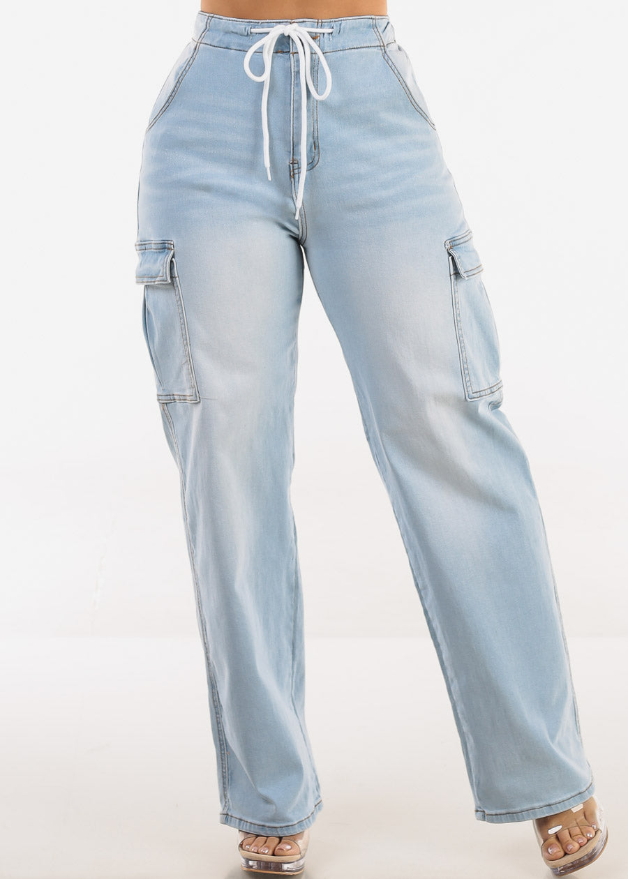 Super High Waist Stretch Wide Leg Cargo Jeans Light Wash