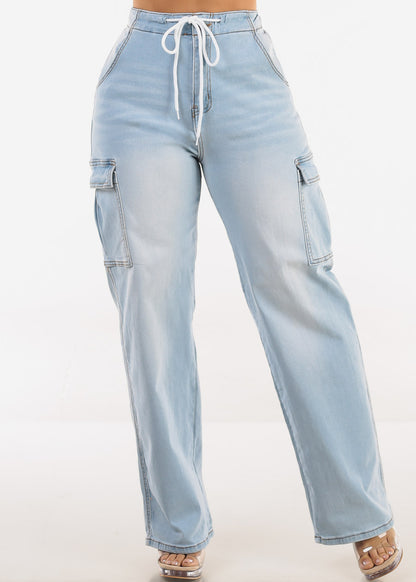 Super High Waist Stretch Wide Leg Cargo Jeans Light Wash