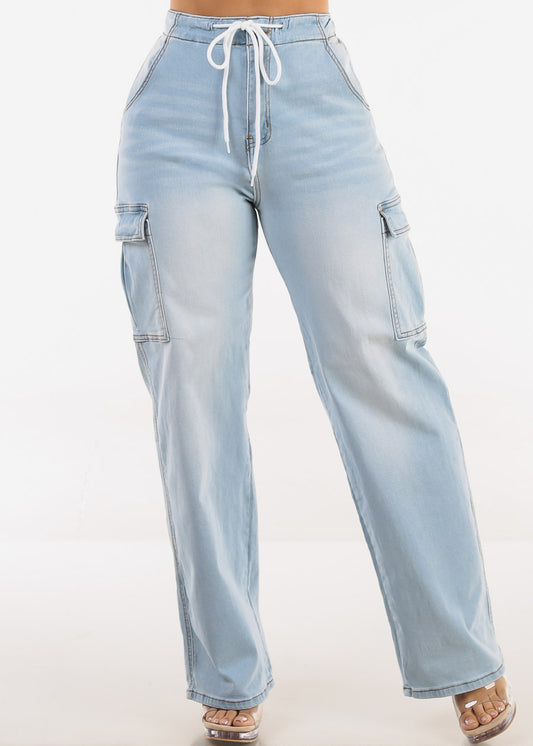 Super High Waist Stretch Wide Leg Cargo Jeans Light Wash