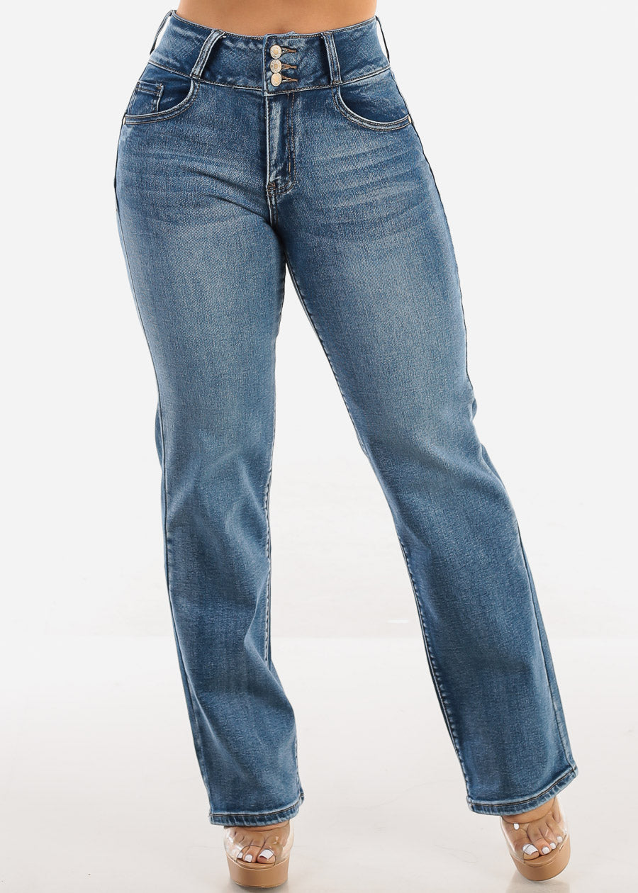 Butt Lift Straight Wide Leg Stretch Jeans Dark Wash