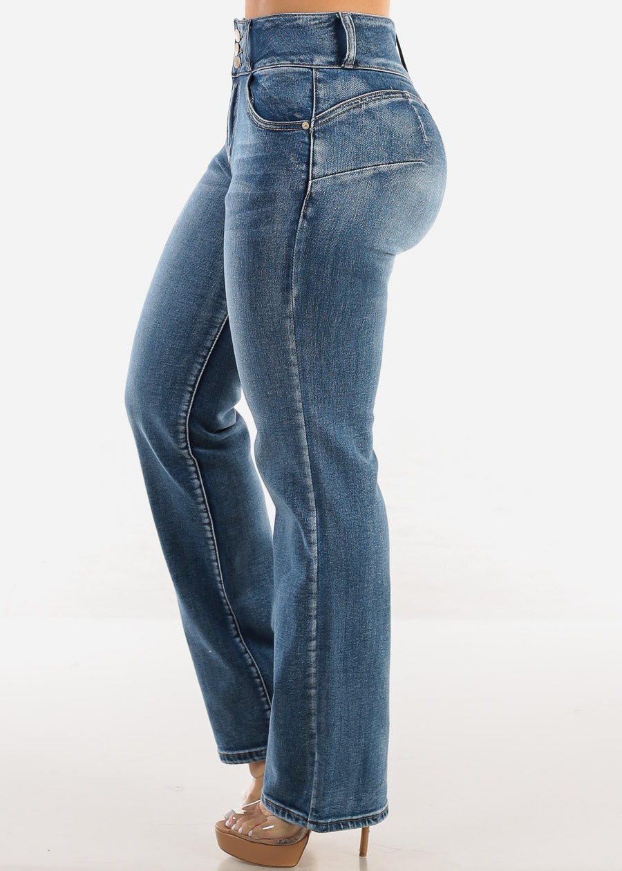 Butt Lift Straight Wide Leg Stretch Jeans Dark Wash