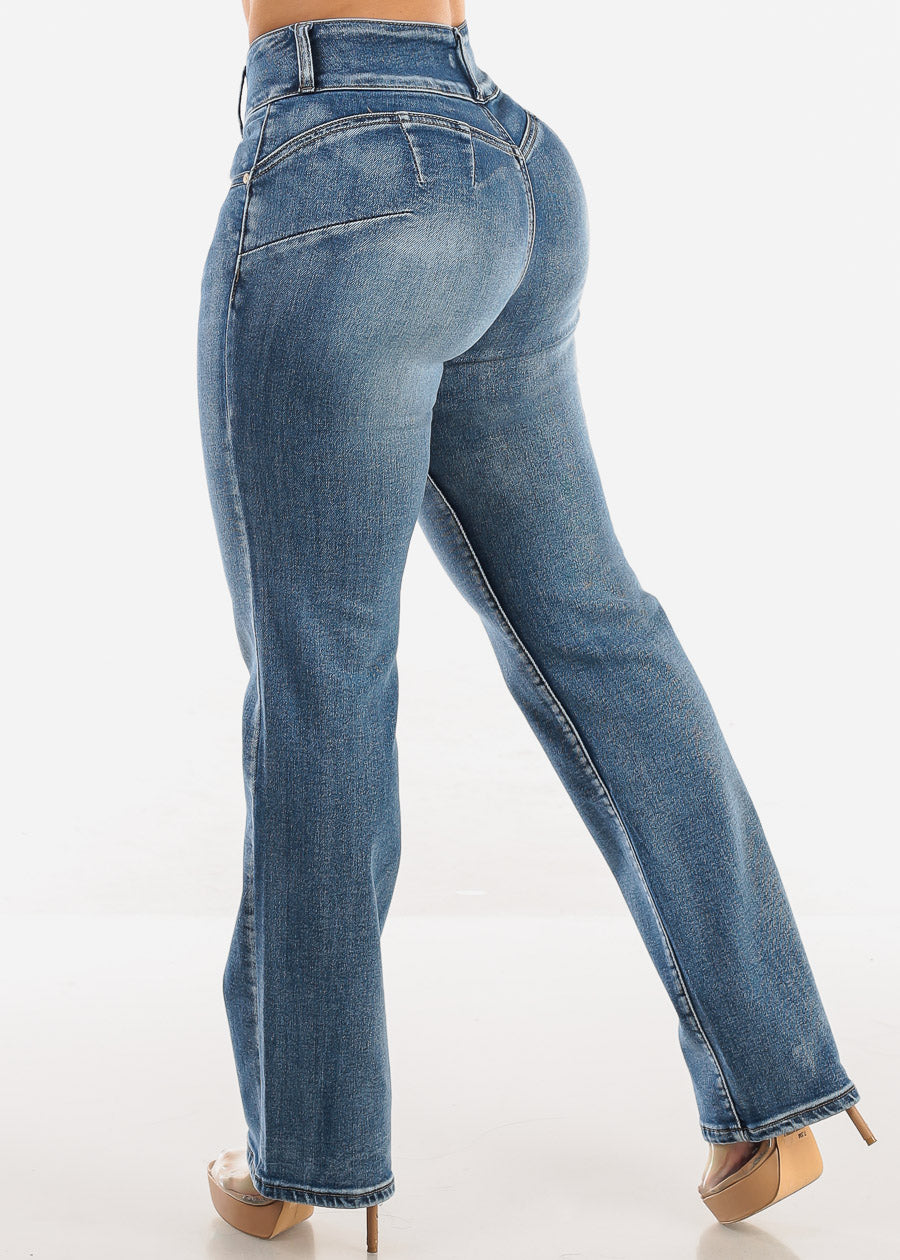 Butt Lift Straight Wide Leg Stretch Jeans Dark Wash