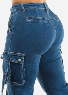 Butt Lift Straight Wide Leg Cargo Denim Jeans Med Blue