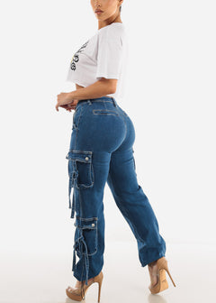 Butt Lift Straight Wide Leg Cargo Denim Jeans Med Blue