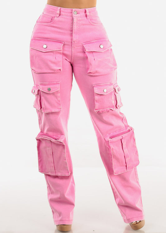 High Waist Utility Cargo Jeans Acid Wash 