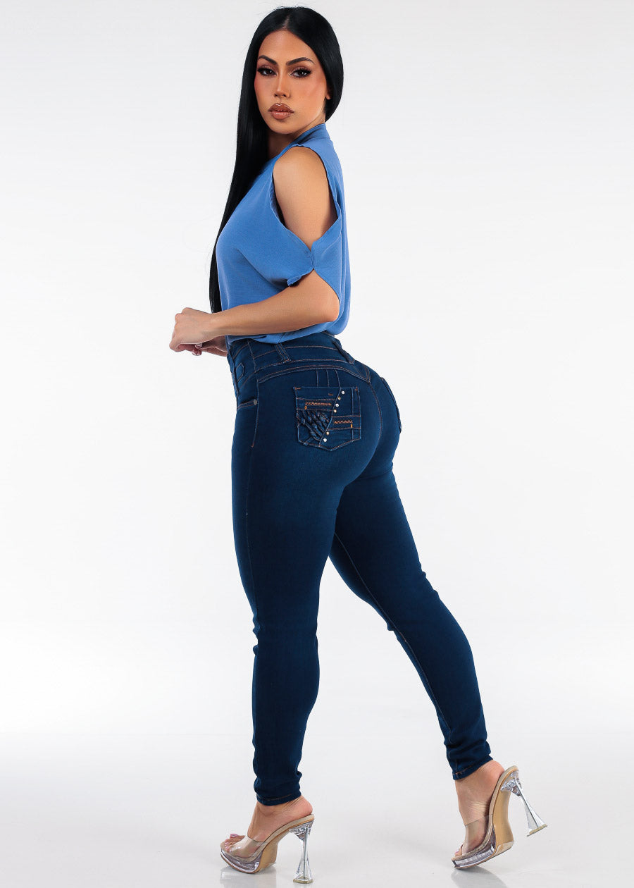 MX JEANS Levantacola Super High Rise Stretch Skinny Jeans Dark Blue