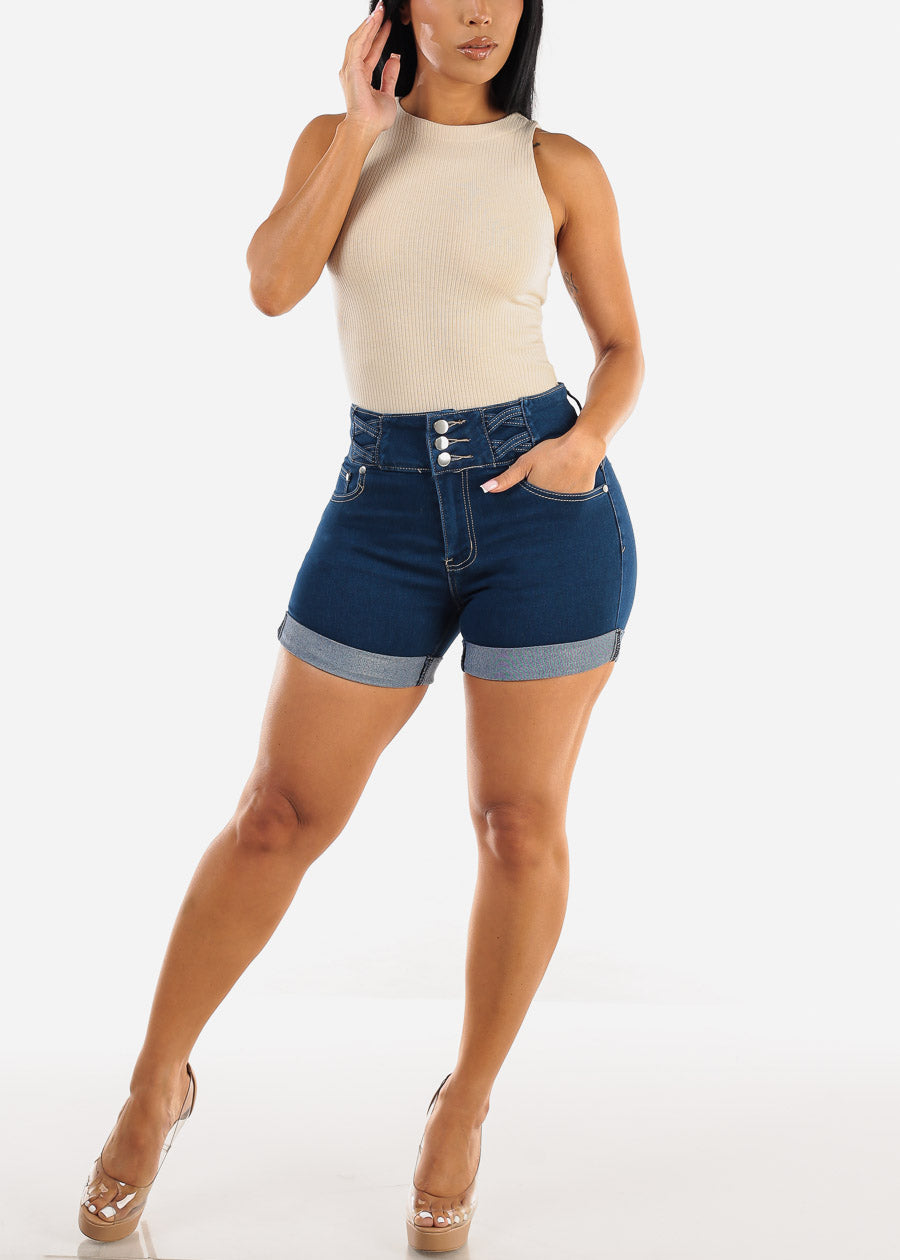 Super High Waist Cuffed Butt Lift Denim Shorts Indigo