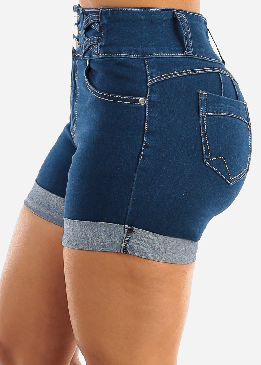 Super High Waist Cuffed Butt Lift Denim Shorts Indigo