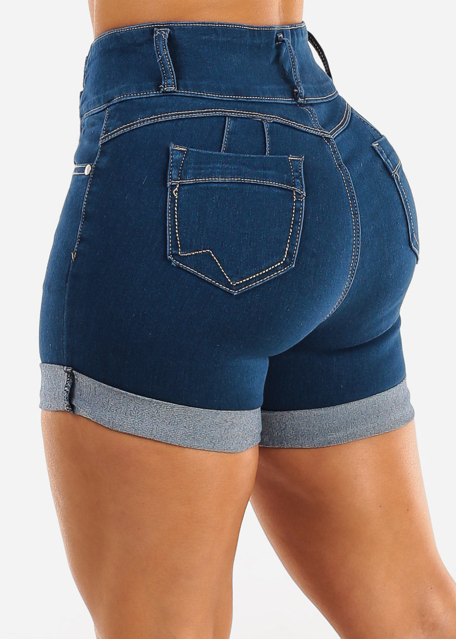 Super High Waist Cuffed Butt Lift Denim Shorts Indigo