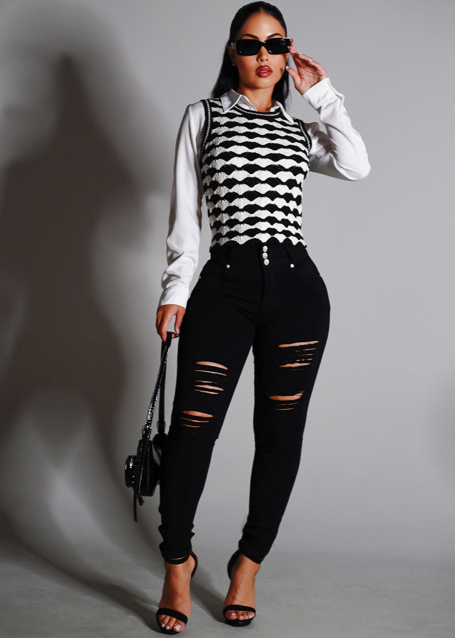 Stretchy Butt Lift Super High Waist Ripped Skinny Jeans Black