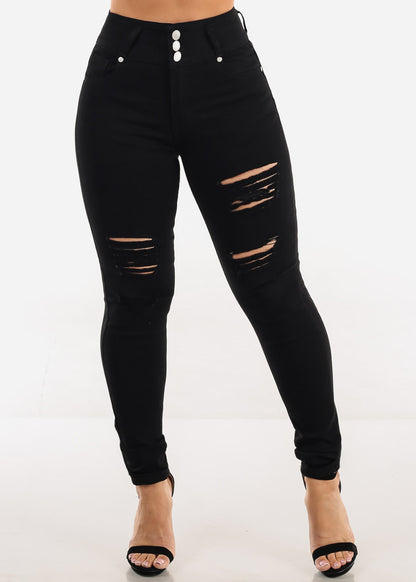 Stretchy Butt Lift Super High Waist Ripped Skinny Jeans Black