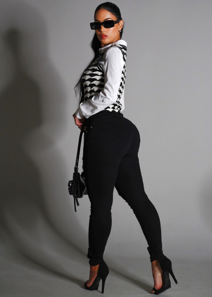 Stretchy Butt Lift Super High Waist Ripped Skinny Jeans Black