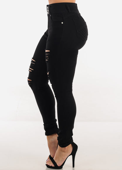 Stretchy Butt Lift Super High Waist Ripped Skinny Jeans Black