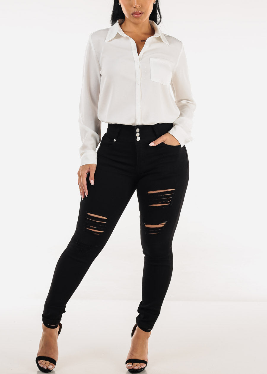 Stretchy Butt Lift Super High Waist Ripped Skinny Jeans Black