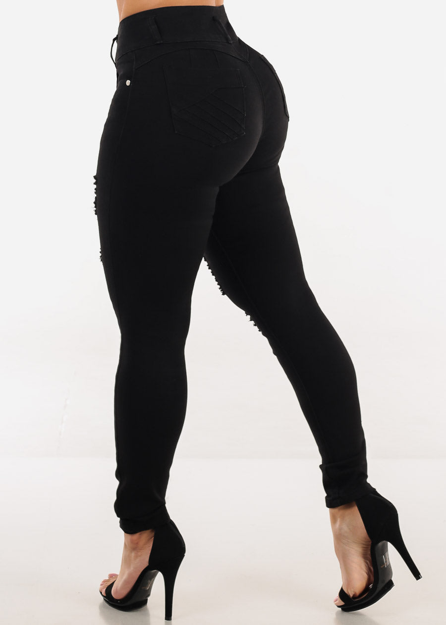 Stretchy Butt Lift Super High Waist Ripped Skinny Jeans Black