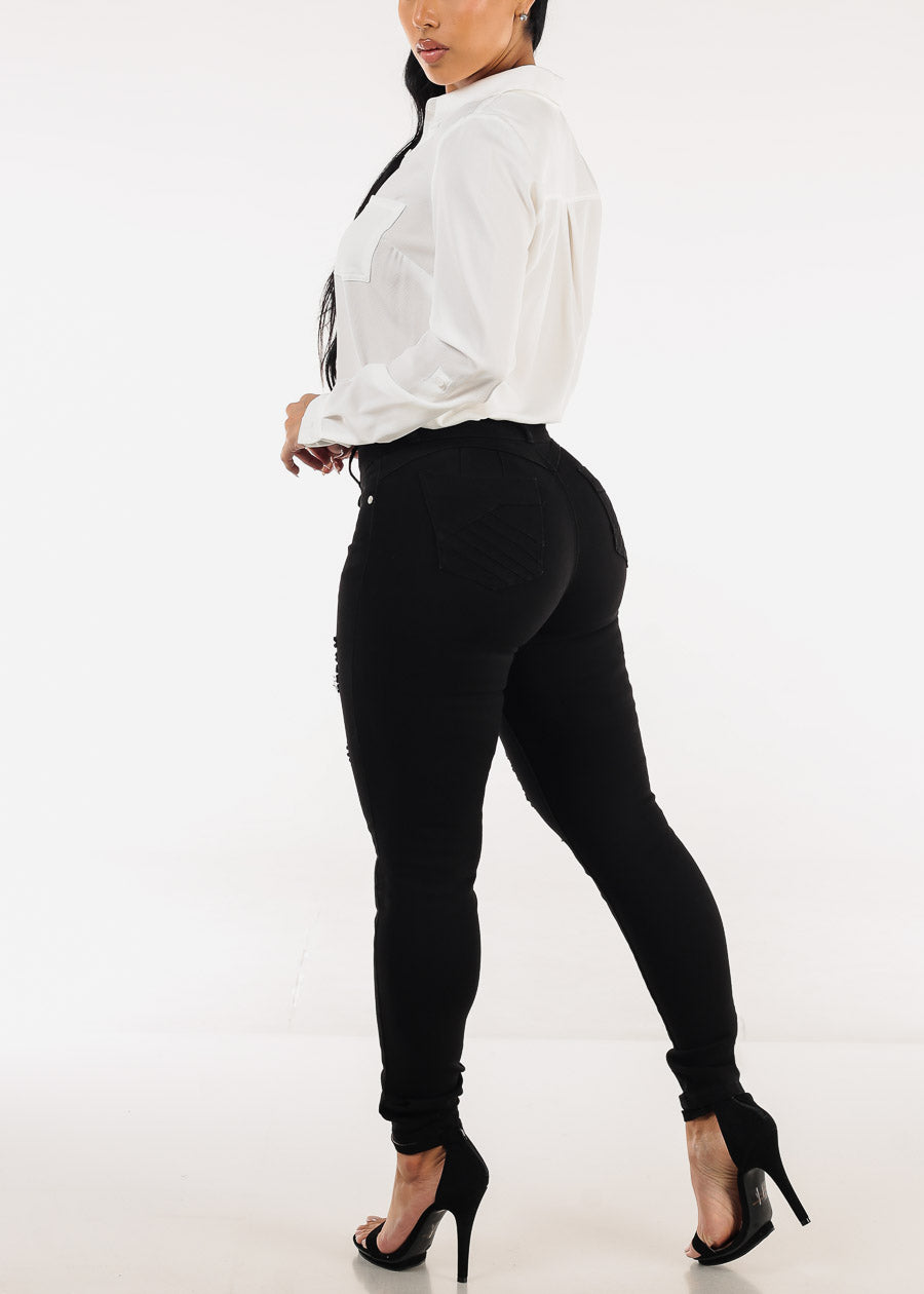 Stretchy Butt Lift Super High Waist Ripped Skinny Jeans Black