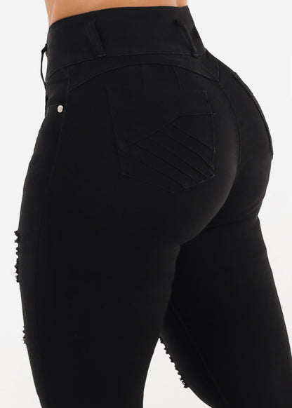 Stretchy Butt Lift Super High Waist Ripped Skinny Jeans Black