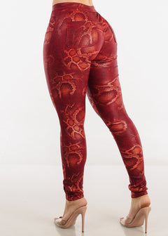 High Waisted Snake Print Skinny Pants Red