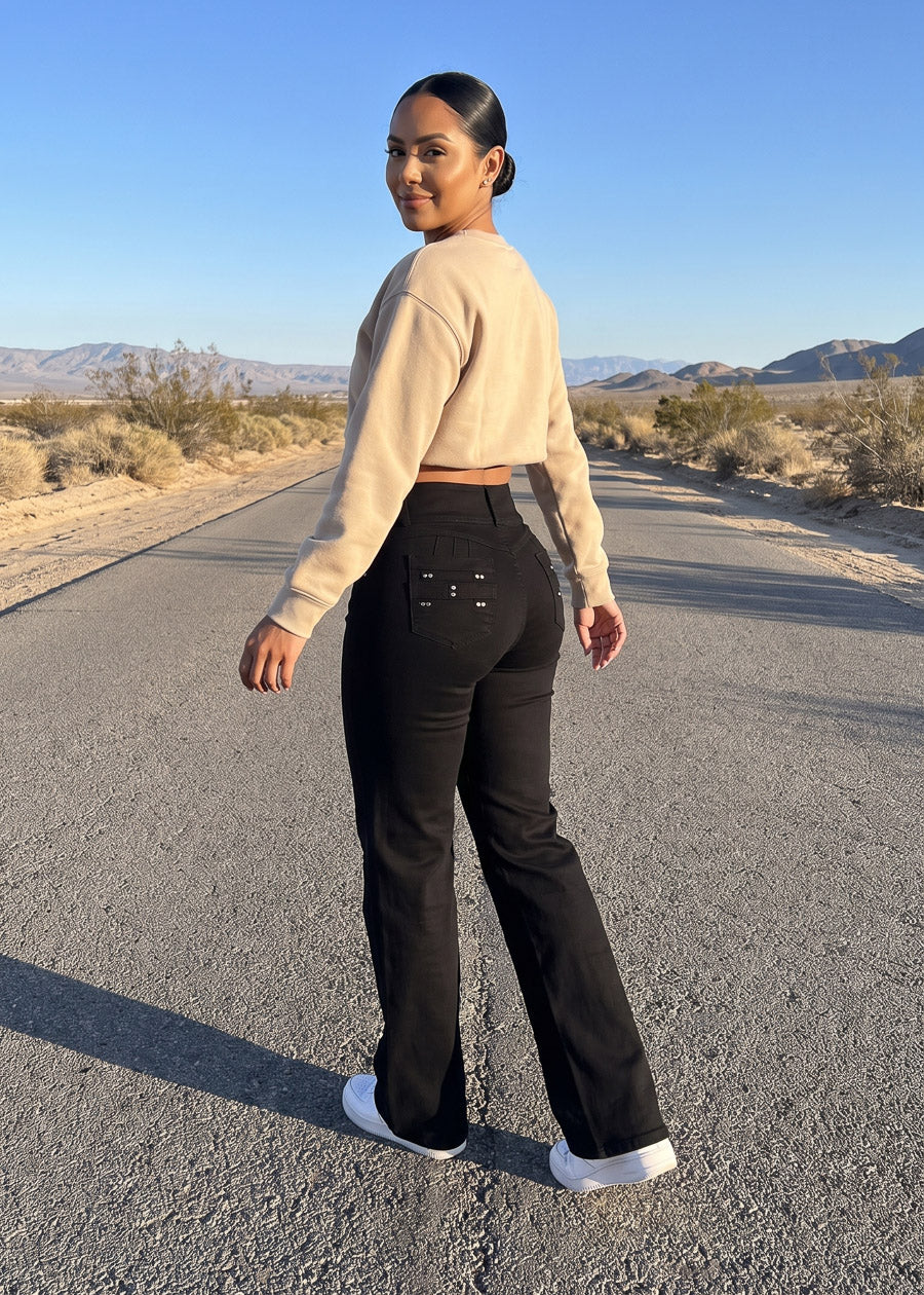 Butt Lift High Waist Stretch Wide Leg Jeans Black, view 10 of 12