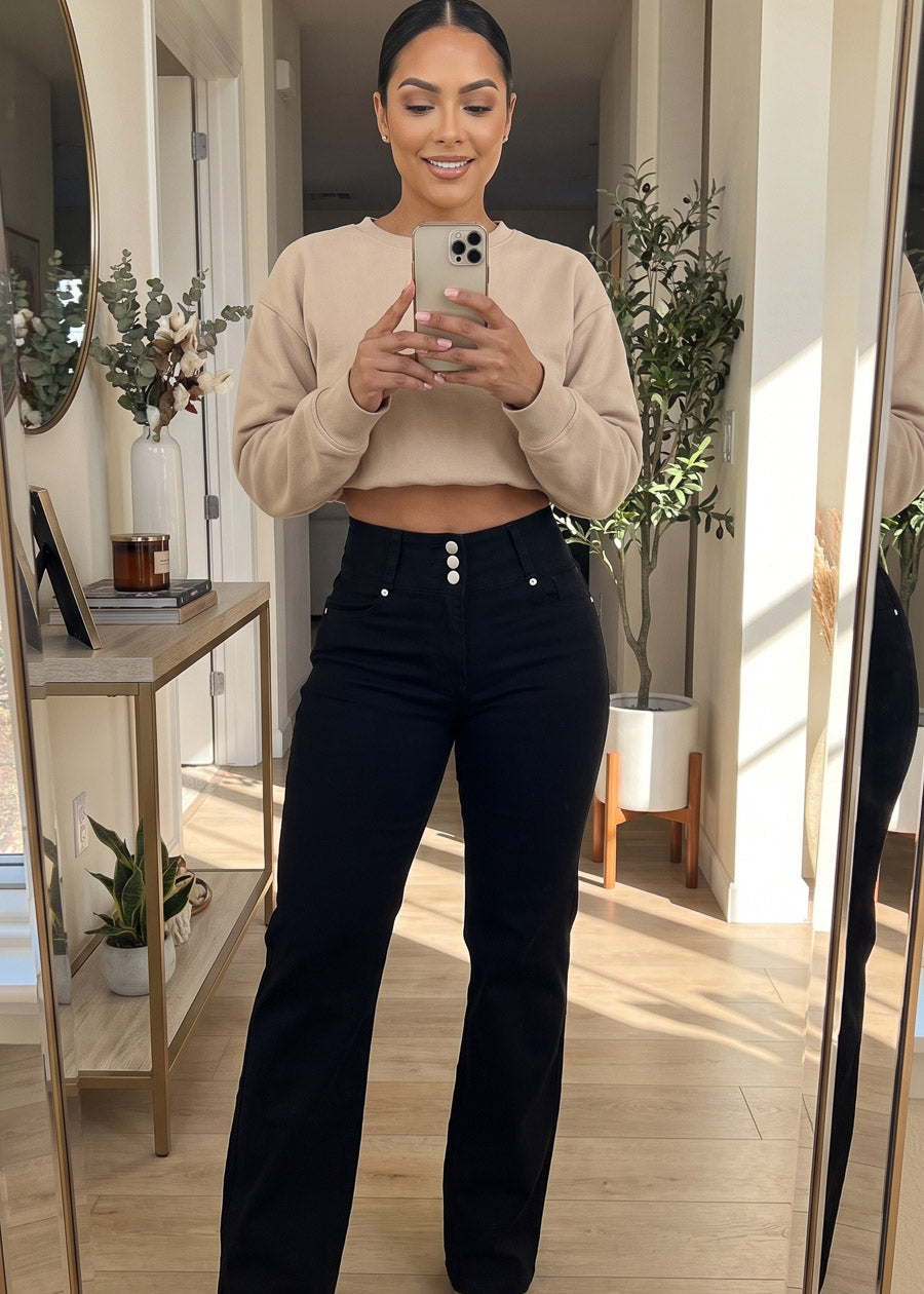 Butt Lift High Waist Stretch Wide Leg Jeans Black, view 9 of 12