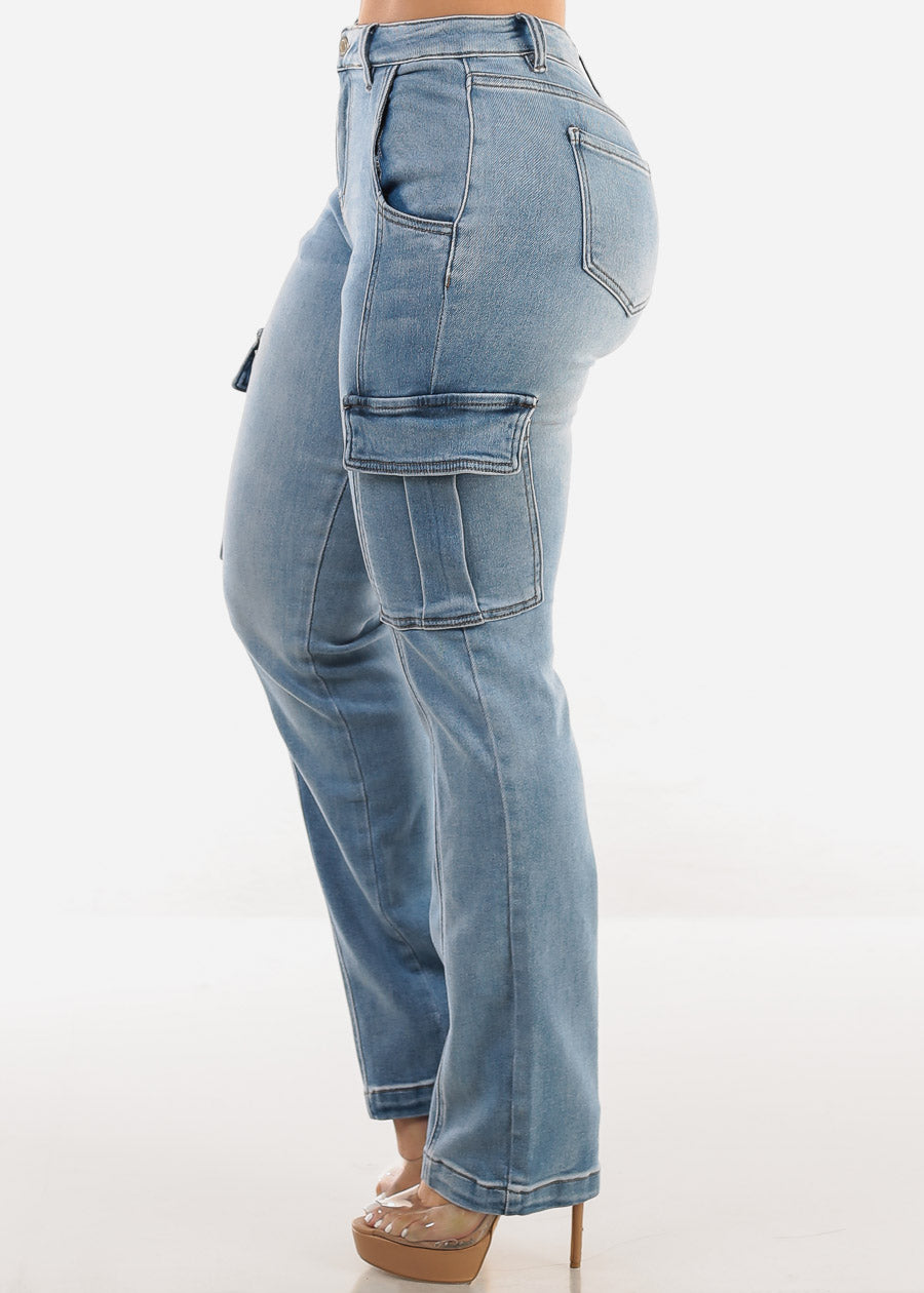 High Waist Stretch Straight Cargo Jeans Light Wash