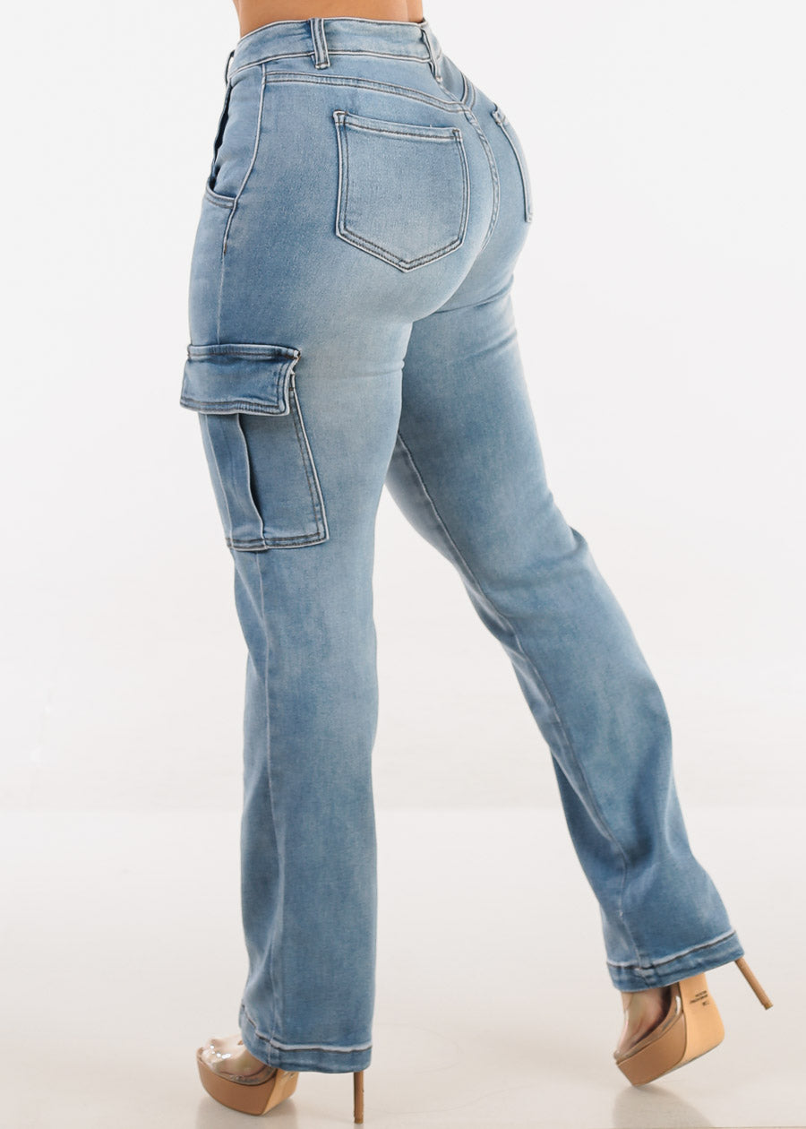 High Waist Stretch Straight Cargo Jeans Light Wash