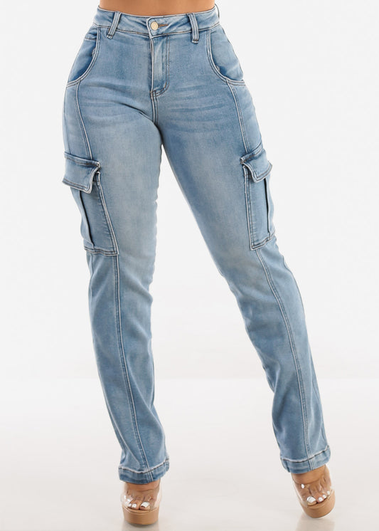 High Waist Stretch Straight Cargo Jeans Light Wash