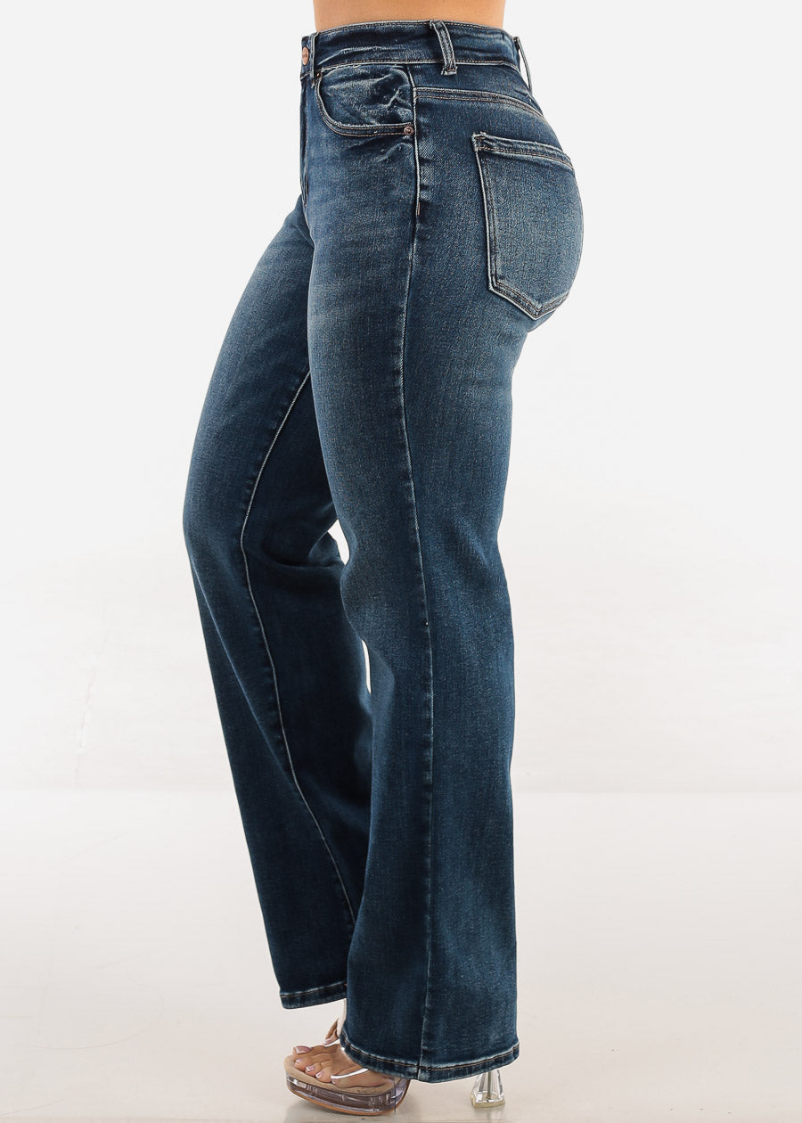 Stretchy High Waist Straight Wide Leg Jeans Dark Wash