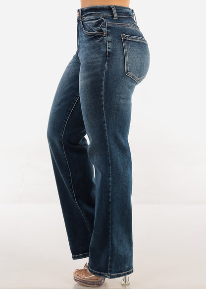 Stretchy High Waist Straight Wide Leg Jeans Dark Wash