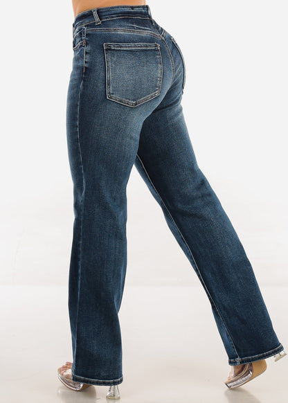 Stretchy High Waist Straight Wide Leg Jeans Dark Wash