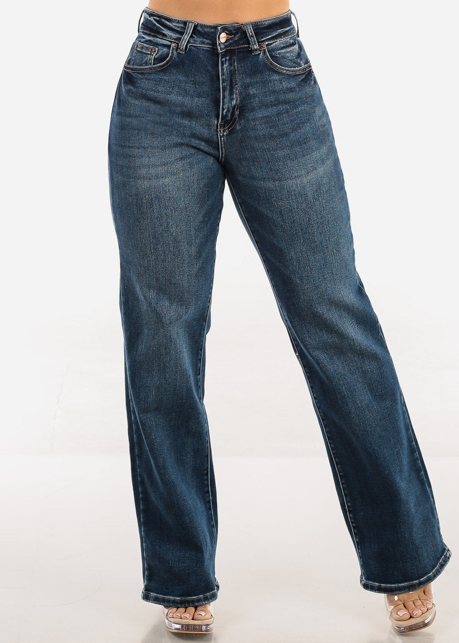 Stretchy High Waist Straight Wide Leg Jeans Dark Wash