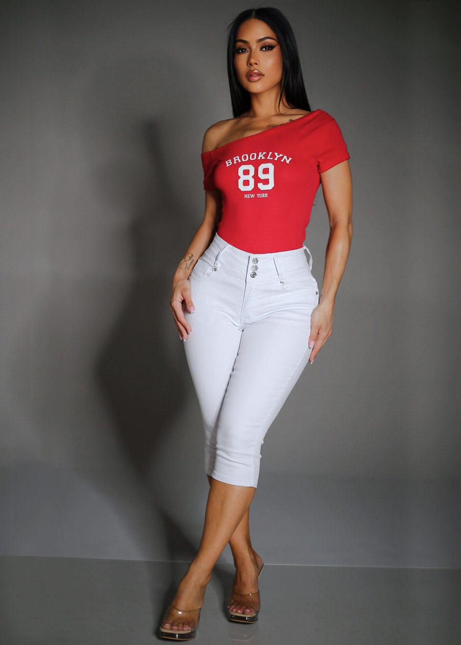 MX JEANS White Levantacola High Waisted Stretch Denim Capris