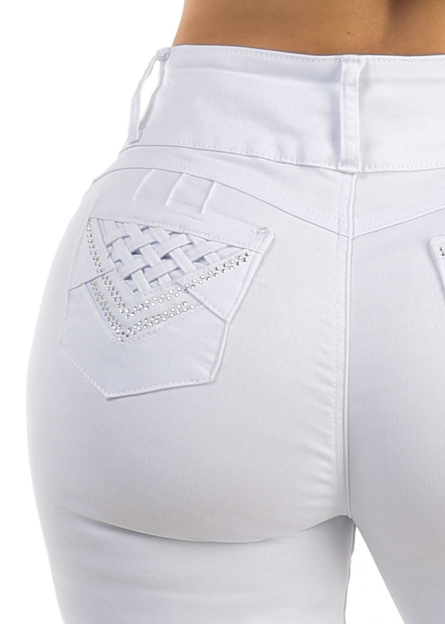 MX JEANS White Levantacola High Waisted Stretch Denim Capris