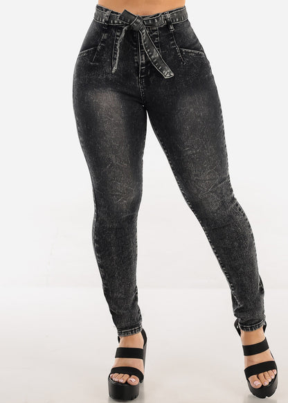 Butt Lift Super High Waist Acid Wash Stretch Skinny Jeans Black