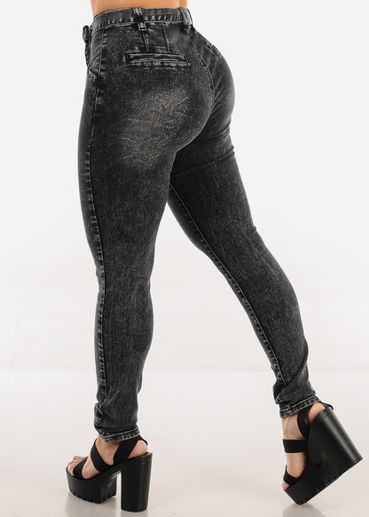 Butt Lift Super High Waist Acid Wash Stretch Skinny Jeans Black