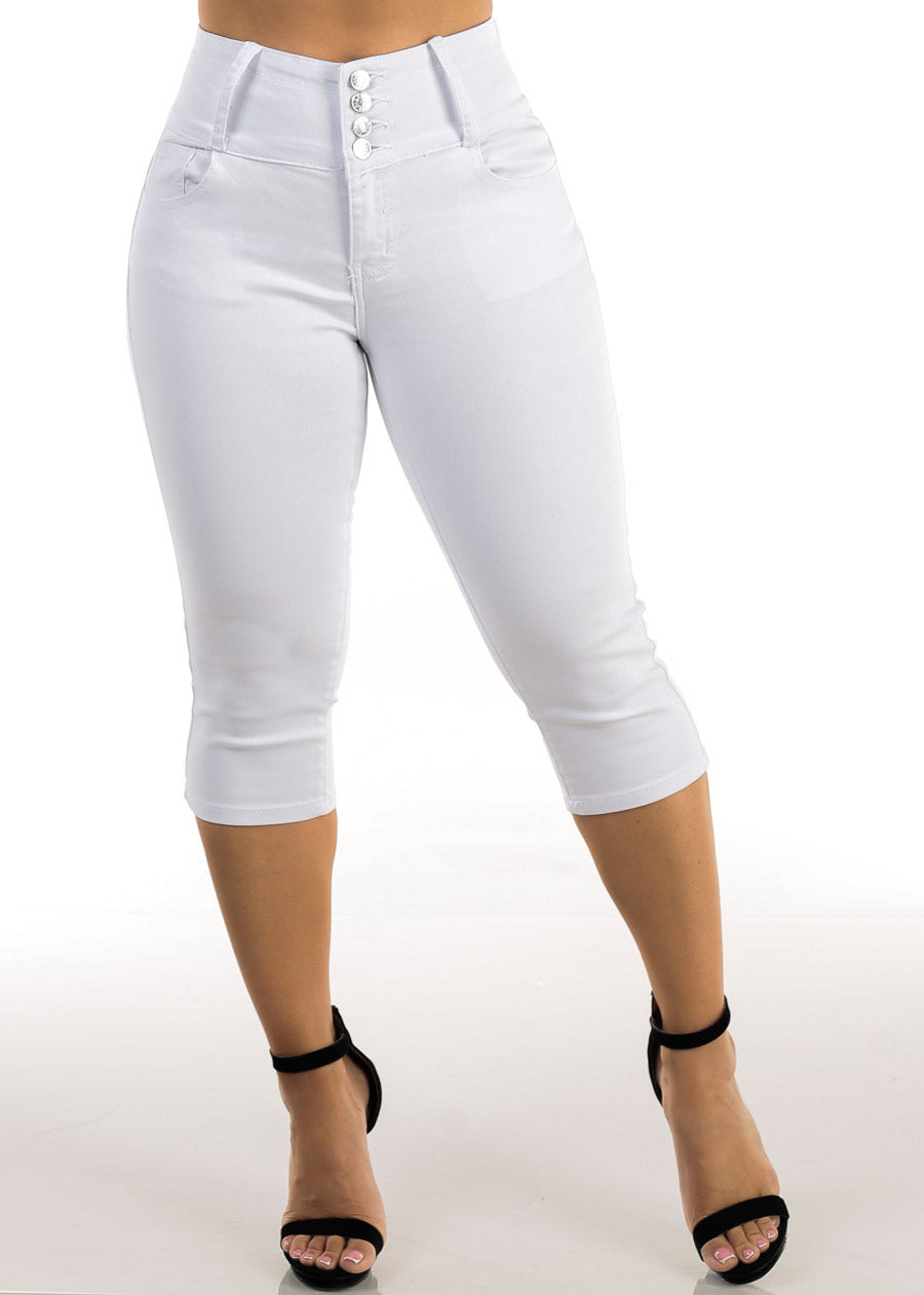 MX JEANS Butt Lift High Waisted Stretchy Denim Capris White