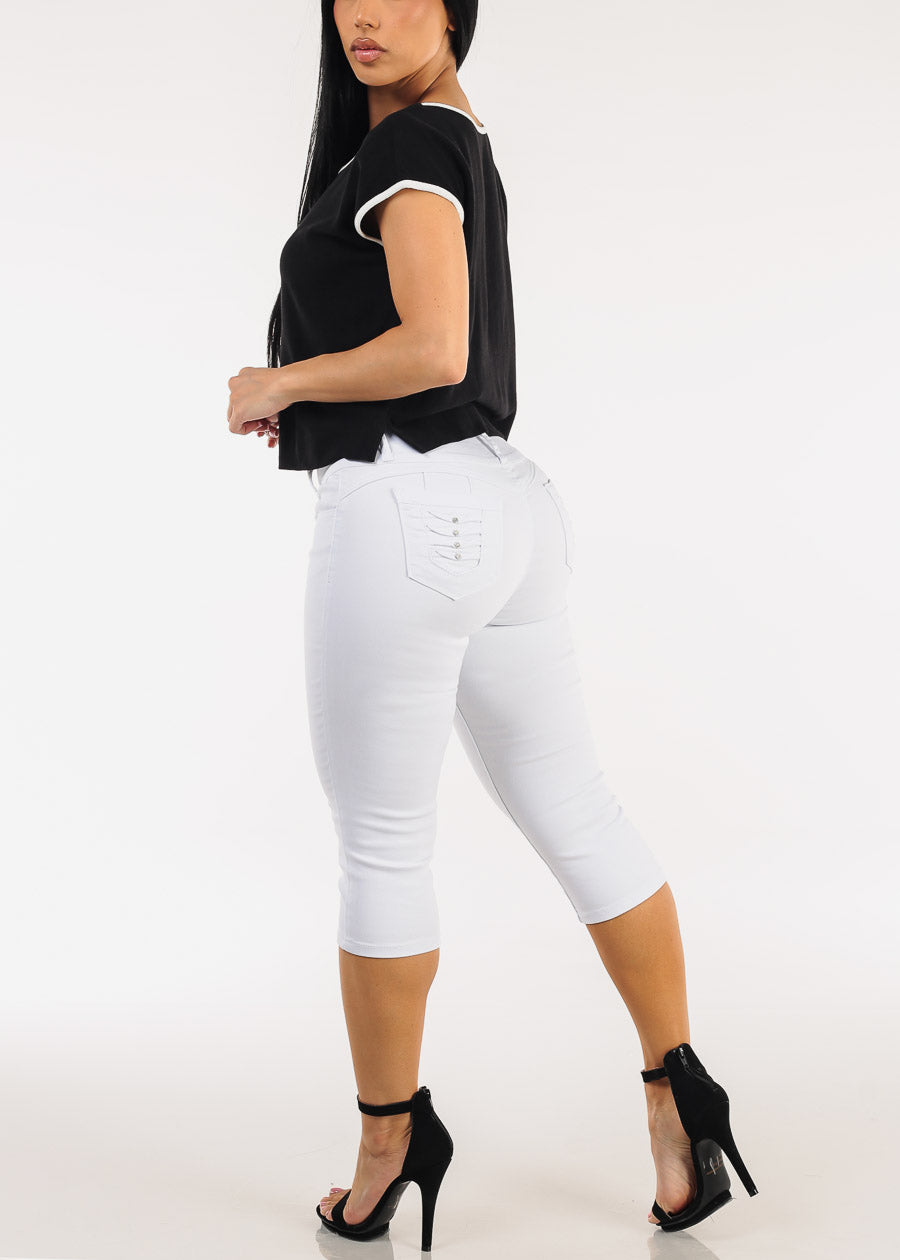 MX JEANS Butt Lift High Waisted Stretchy Denim Capris White