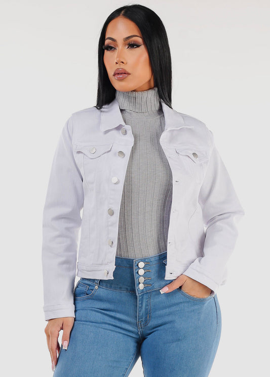 Long Sleeve Button Up Denim Jacket White