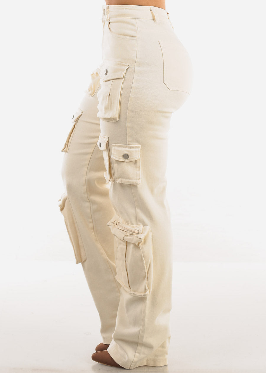 High Waist Utility Cargo Jeans Ivory