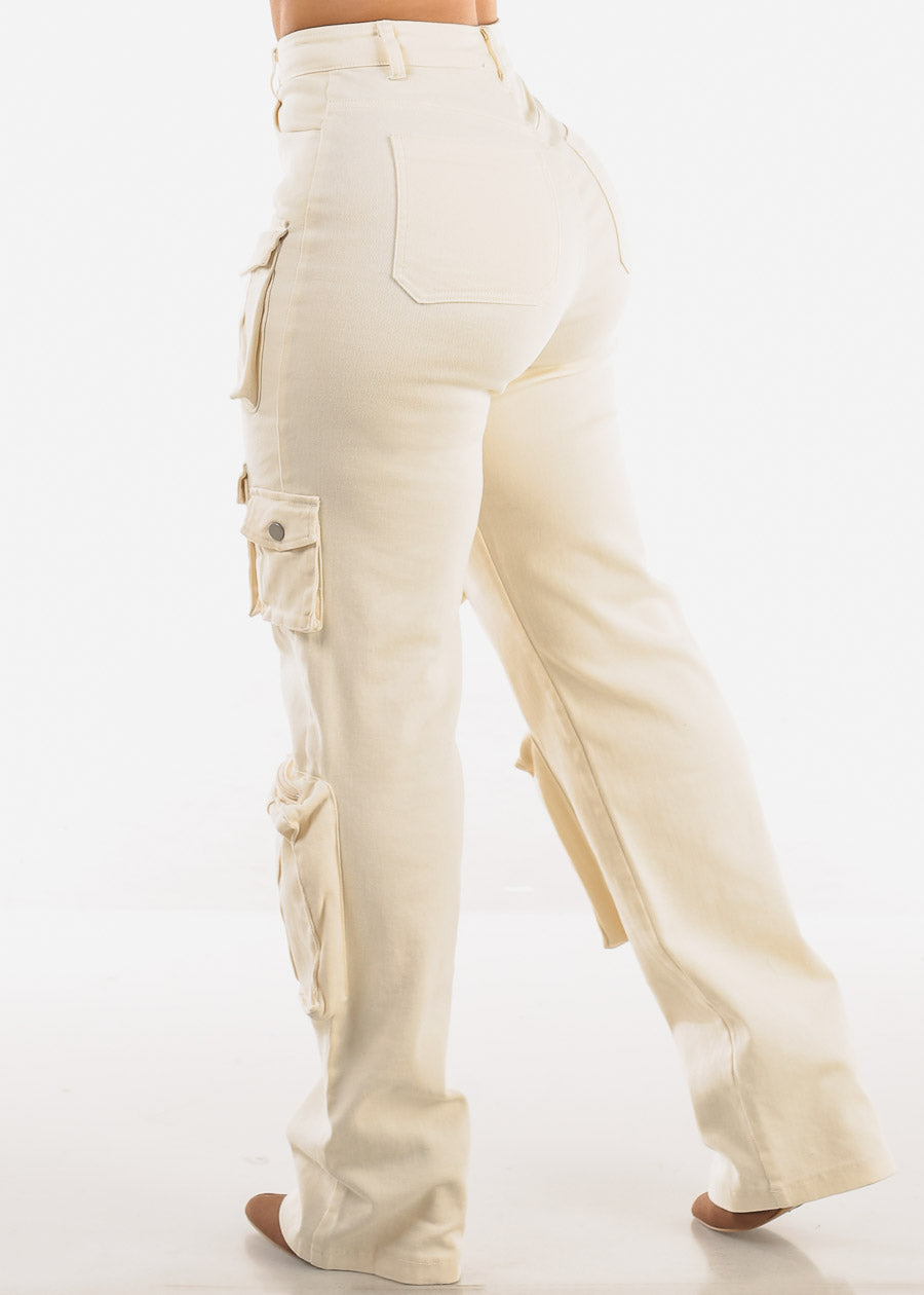 High Waist Utility Cargo Jeans Ivory