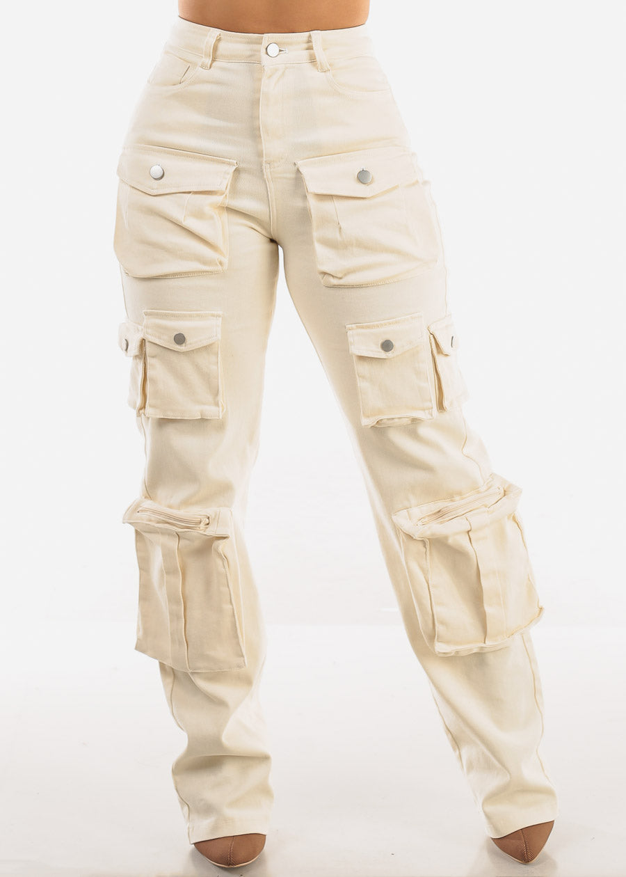 High Waist Utility Cargo Jeans Ivory