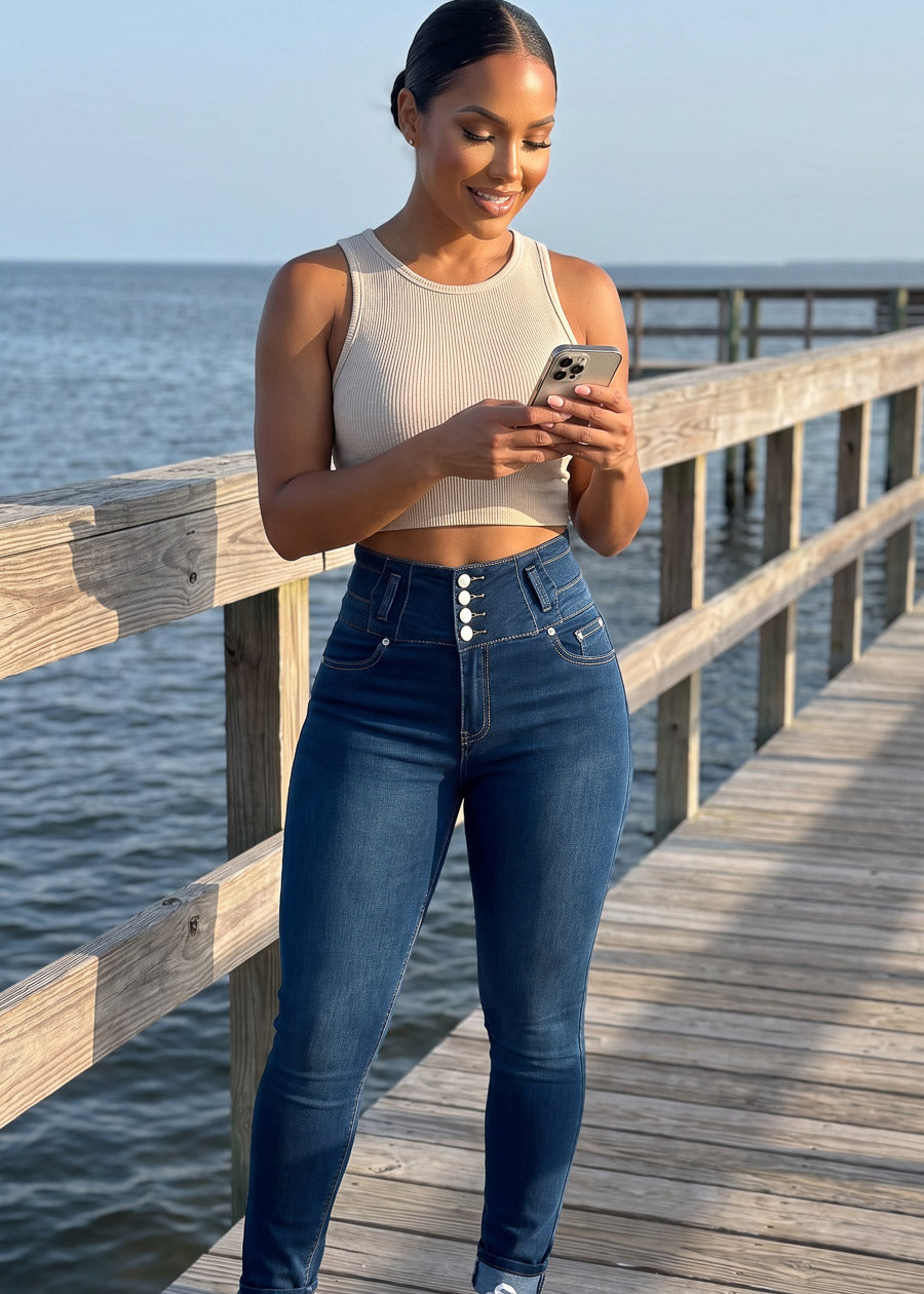 MX JEANS Butt Lift Super High Waist Stretch Indigo Skinny Jeans, view 12 of 14